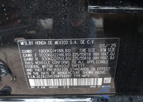 2025 Honda Hr-V Awd Sport z USA, uszkodzony, nr VIN 3CZRZ2H53SM768297